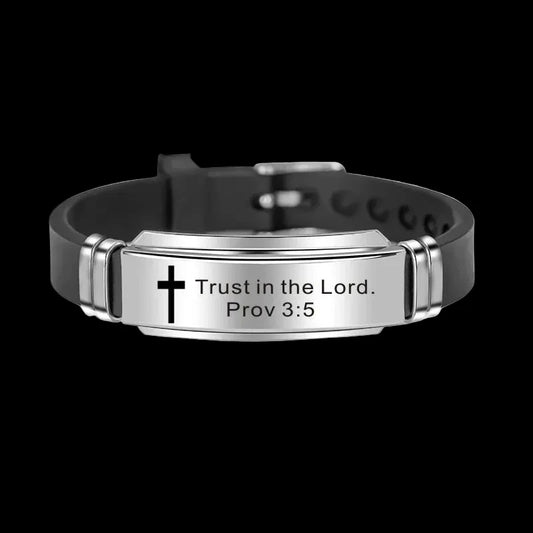 Inspirational Christian Bracelet, Cross & Bible Verse Quote, Faith Jewelry, Stainless Steel & Silicone Wristband